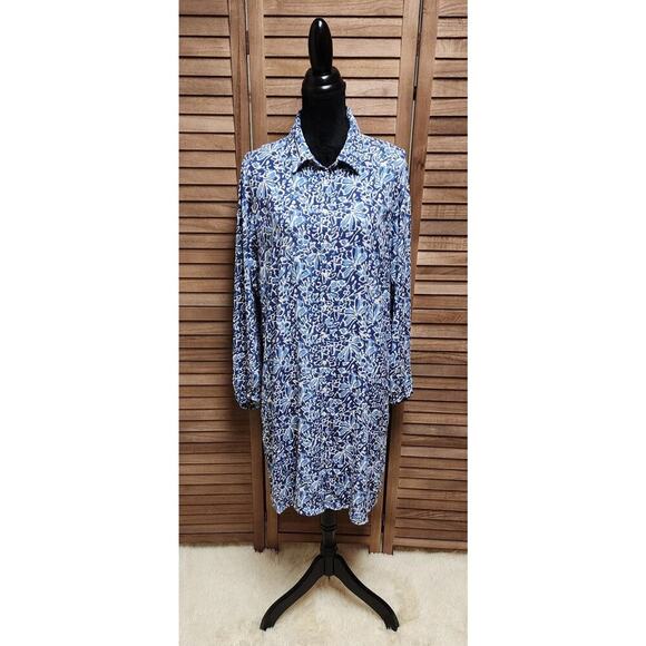 Well Worn Women's Size XL Blue Floral Crepe Long-Sleeve Collared Button-Up Dress - Picture 1 of 7